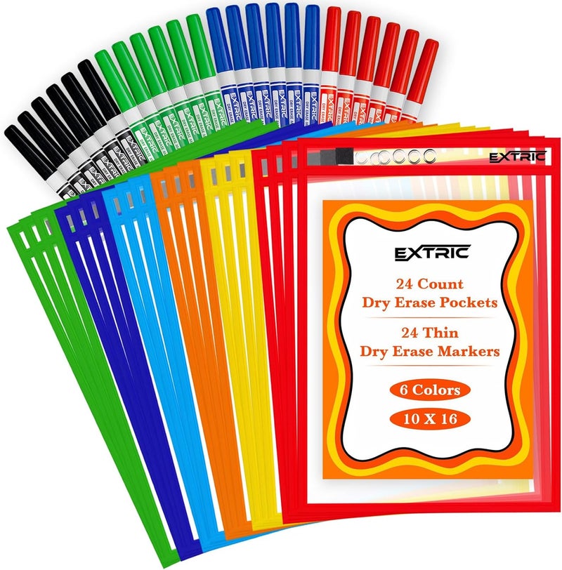 EXTRIC Dry Erase Pockets with Dry Erase Markers, Clear Plastic Paper Sleeves, Plastic Document Sleeve, Assorted Colors, 24-Count, for Classroom Supplies - Image 1